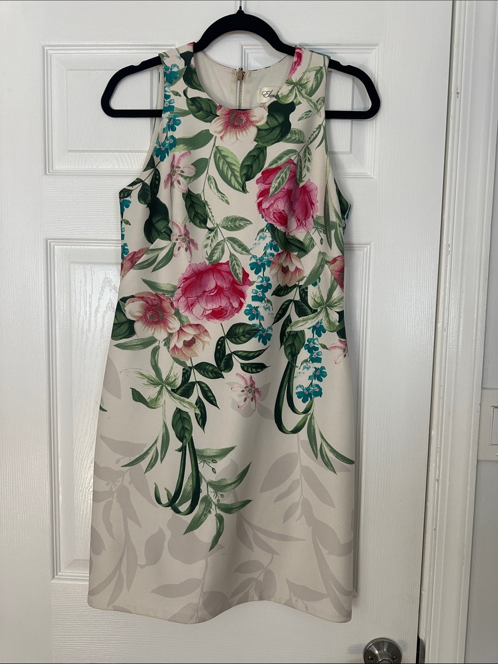 Eliza J Cream Floral Sleeveless Shift Dress with Pink & Green Accents
